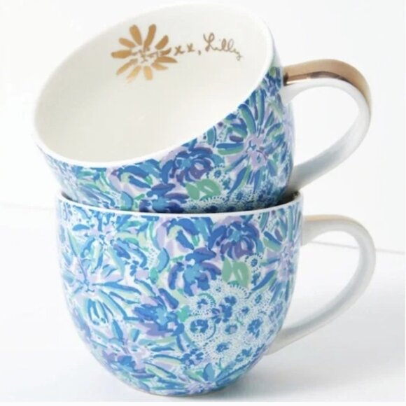 Lilly Pulitzer Set of (2) 12 Ounce Blue Ceramic Coffee Tea Mug Gold Handle NWOT - Picture 1 of 6